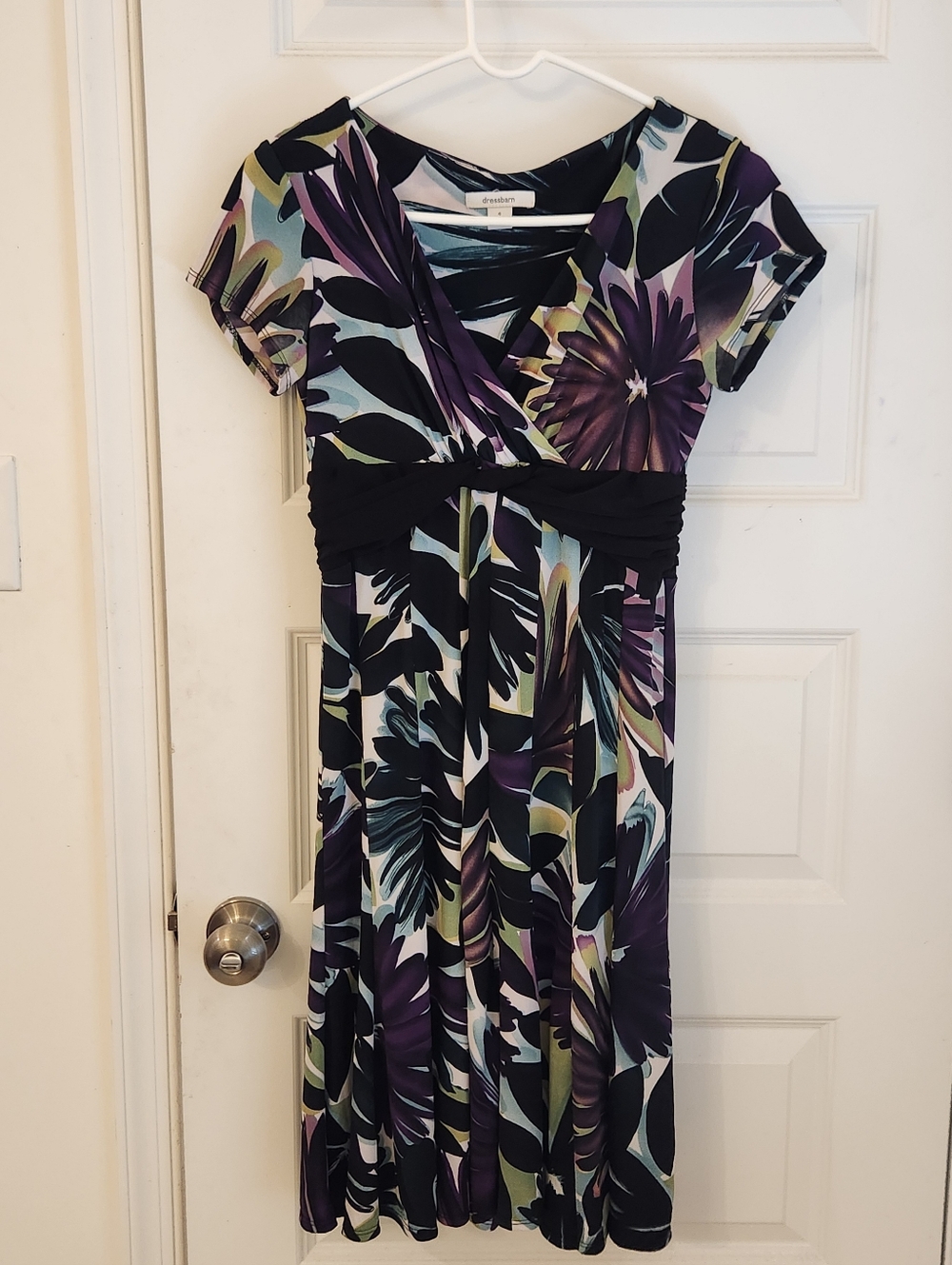 Womens Mini Dress Barn Purple Abstract Dress‎ Size 4 V Neck Black #NN1329